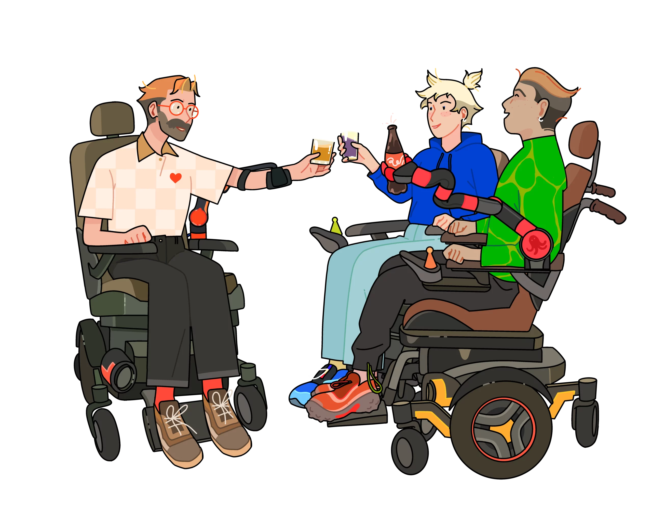 Illustration of three people in powered wheelchairs sharing a drink together. One person with glasses reaches out with a robotic arm support to toast with two others, who are holding glasses and a bottle. The scene shows a friendly social moment, with assistive arm devices attached to the wheelchairs.