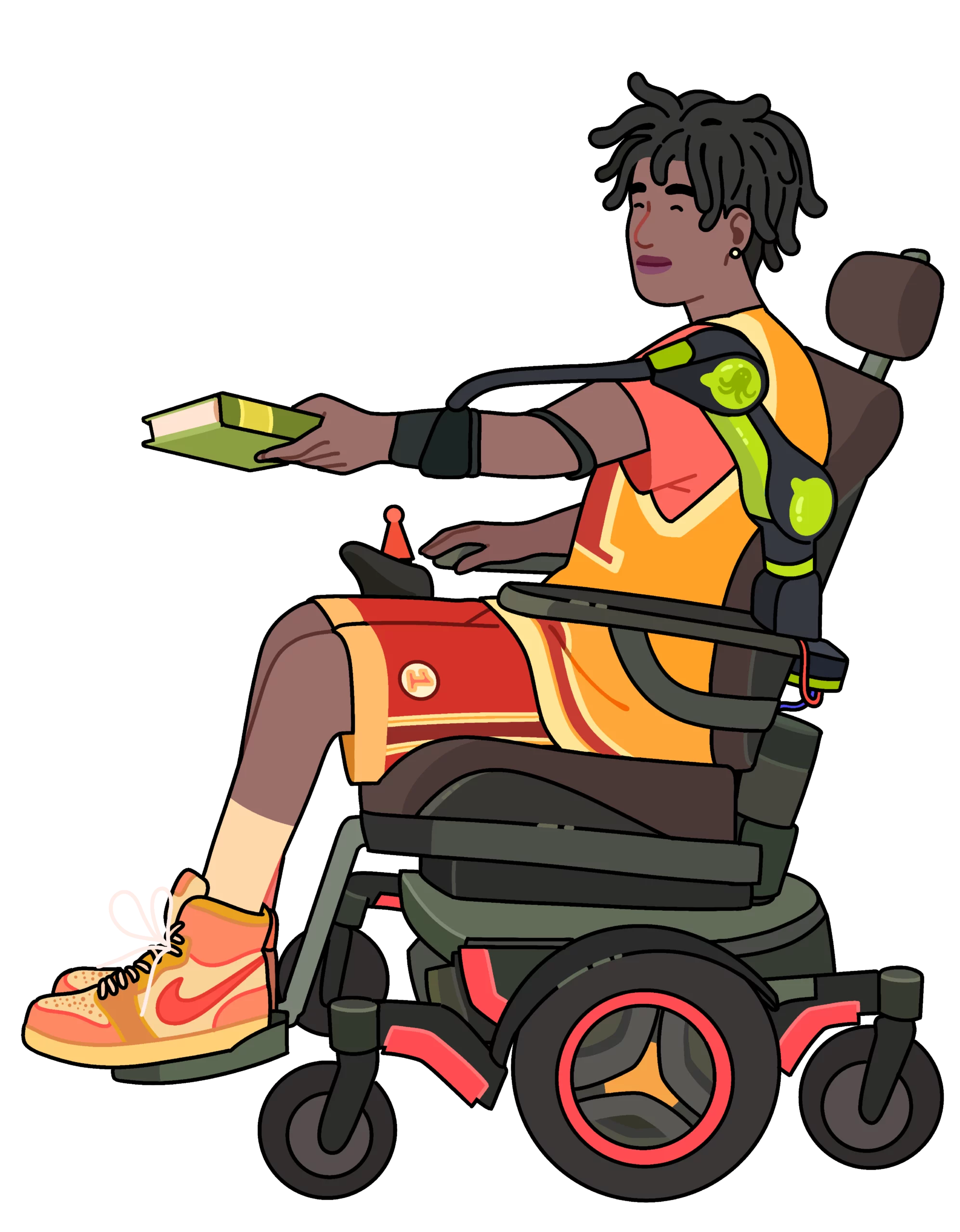 Illustration of a person seated in a powered wheelchair, using a robotic arm support, the ORTHOPUS Partner, to hold and pass a book. The person wears colorful sports clothing and snearkers, highlighting assistive technology enabling everyday activities. 
