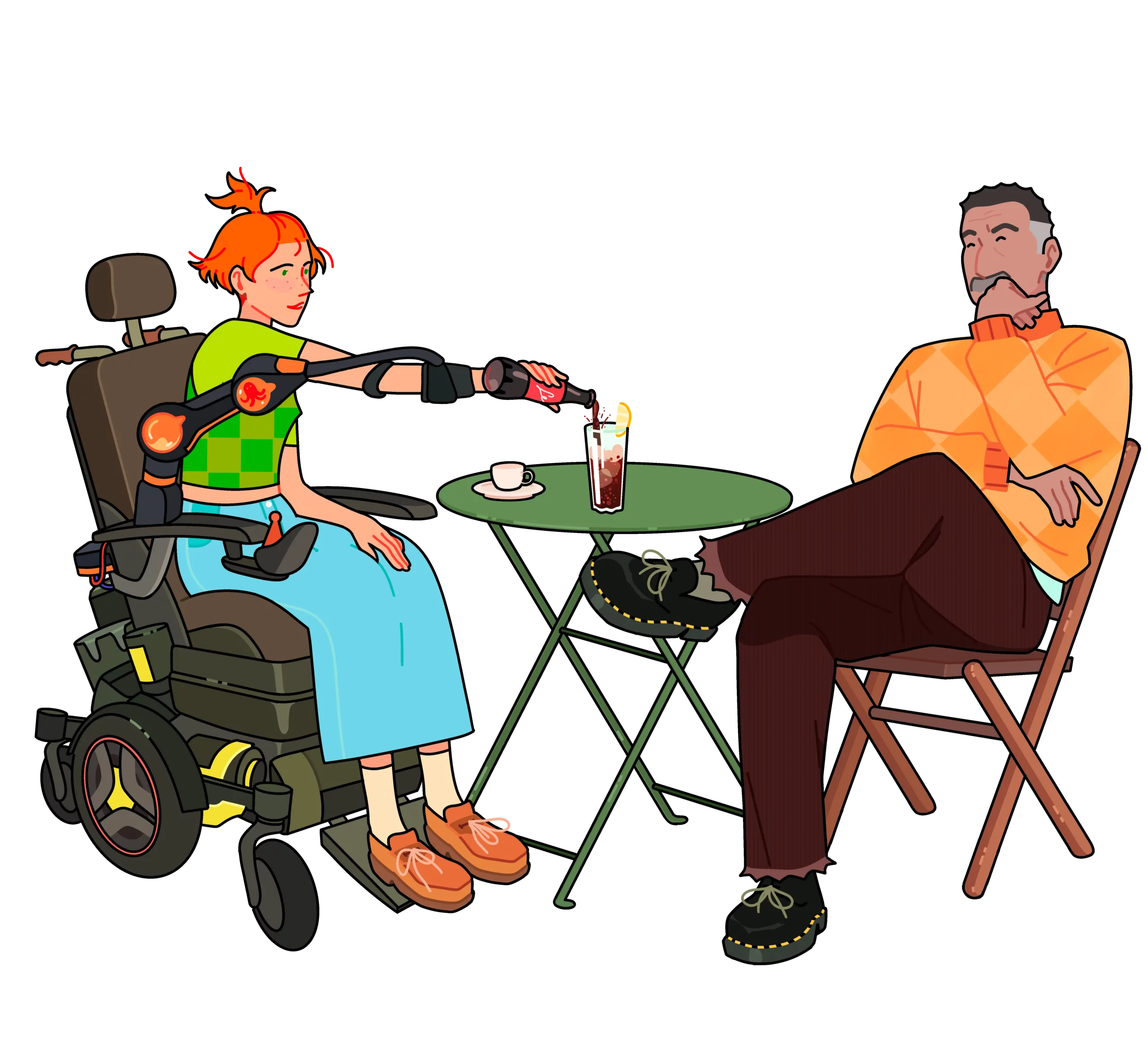 Colorful illustration of a young woman in an electric wheelchair using a robotic arm to pour a drink at a café table, sitting accross from a man in an orange sweater. 