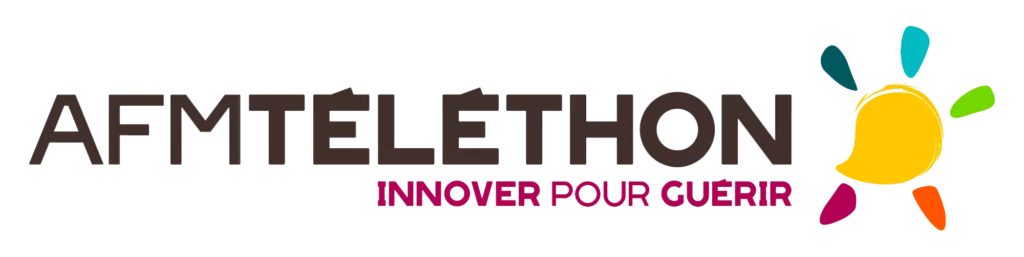 Logo AFM-Téléthon with the text ‘AFM TÉLÉTHON’ in dark letters and the tagline ‘INNOVER POUR GUÉRIR’ in pink below. A stylized yellow sun with multicolored rays appears on the right.