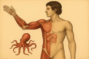 Vintage anatomical illustration of a man showing the muscles and bones of an outstretched arm, alongside an octopus illustrating the biomimetic inspiration for the arm design.