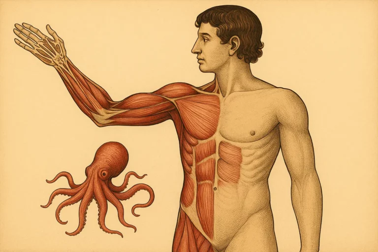 Vintage anatomical illustration of a man showing the muscles and bones of an outstretched arm, alongside an octopus illustrating the biomimetic inspiration for the arm design.
