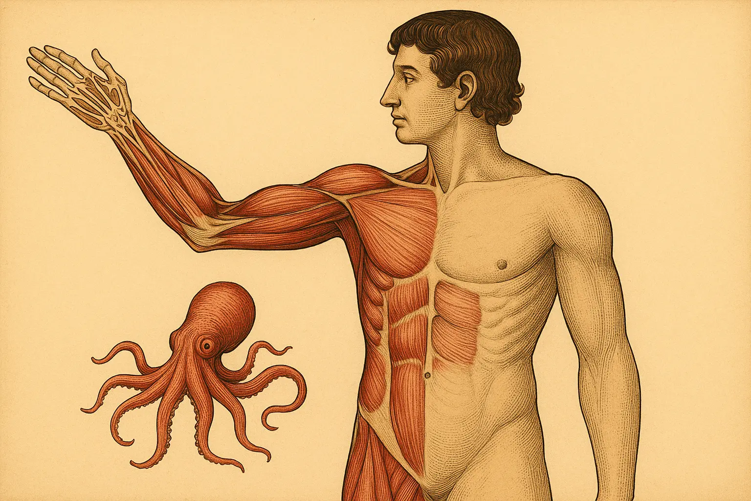 Vintage anatomical illustration of a man showing the muscles and bones of an outstretched arm, alongside an octopus illustrating the biomimetic inspiration for the arm design.